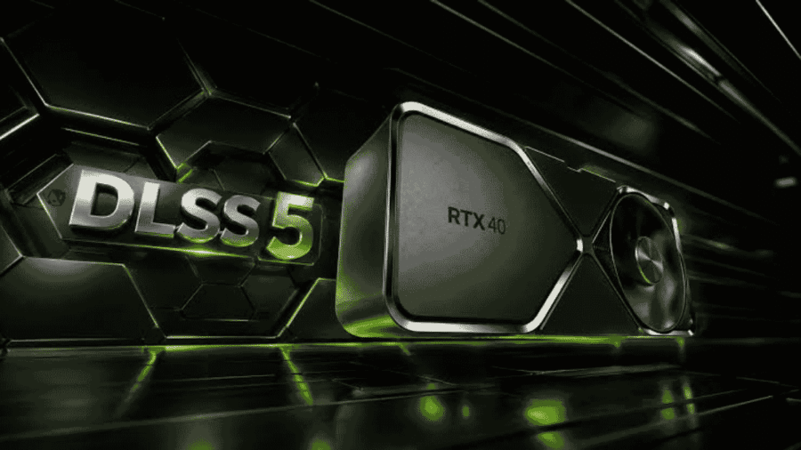 Grafica promozionale di Nvidia che mostra la scritta DLSS 5 accanto a una scheda video della serie RTX 40 in un'ambientazione futuristica e metallica.