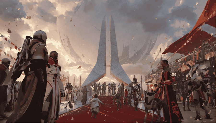 Illustrazione panoramica dell'Ultima Città in festa, con Guardiani di classe Titano, Cacciatore e Stregone che sfilano lungo un tappeto rosso cosparso di petali, tra stendardi festosi e la sagoma del Viaggiatore all'orizzonte.