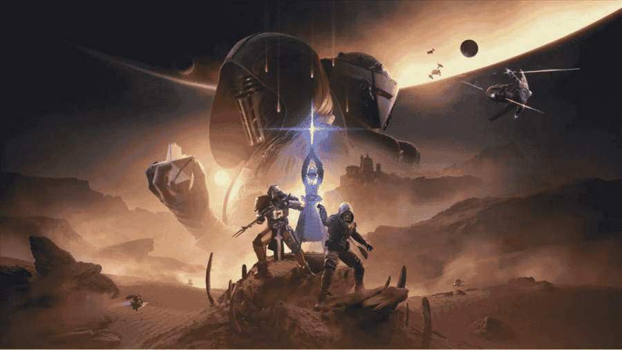 Artwork fantascientifico di Destiny 2 con tre Guardiani in armatura su una sporgenza rocciosa illuminata da un fascio di luce celeste, sovrastati dalla figura gigantesca e misteriosa di un'entità incappucciata su sfondo cosmico dorato.