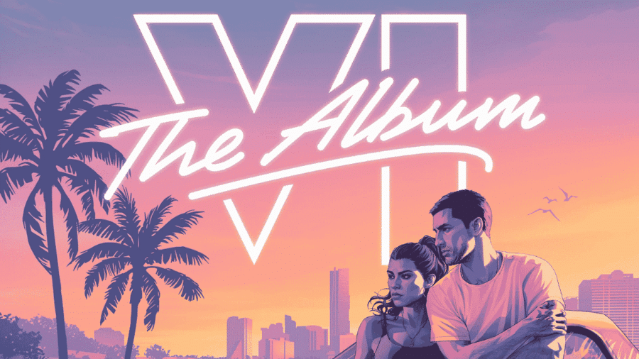 Artwork promozionale di Grand Theft Auto VI: The Album con la scritta in corsivo al centro, il grande logo VI e i protagonisti Jason e Lucia appoggiati a un'auto al tramonto con palme e skyline sullo sfondo.