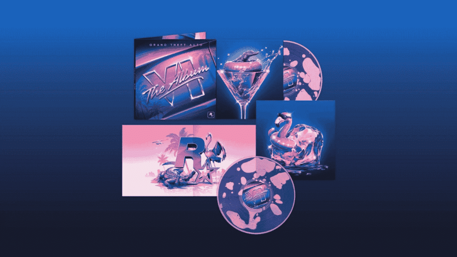 Edizione da collezione in vinile di Grand Theft Auto VI: The Album su sfondo blu, con copertina, libretto illustrato a tema neon e disco in vinile con stampa marmorizzata rosa e viola.