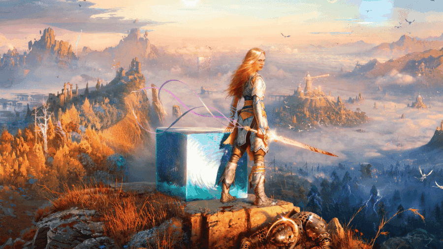 Laufey in armatura chiara con spada splendente affacciata su un promontorio panoramico, affiancata dal misterioso cubo blu Phranque e dai nastri senzienti Rue.