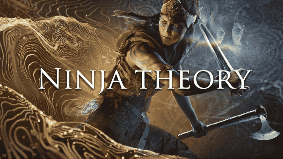 Senua in posa da battaglia con spada e ascia tra volute grafiche dorate, con la scritta bianca in sovrimpressione Ninja Theory al centro dell'immagine.