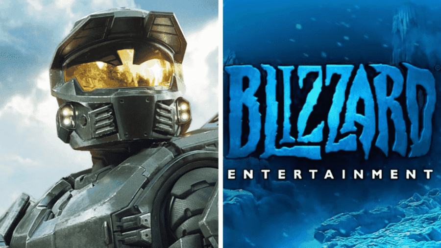 Composizione divisa a metà con il primo piano dell'elmo di Master Chief della saga di Halo a sinistra e il logo azzurro di Blizzard Entertainment su sfondo ghiacciato a Mentre la saga di Halo passa sotto la gestione produttiva di Activision con un team dedicato, colossi del gruppo come Blizzard Entertainment restano per ora esclusi dalle riorganizzazioni..