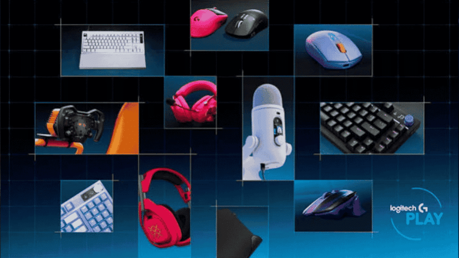 Una composizione grafica a griglia che mostra vari nuovi prodotti Logitech G presentati all'evento, tra cui mouse, tastiere, cuffie e il microfono Yeti 2, su uno sfondo a griglia digitale blu con il logo Logitech G PLAY.
