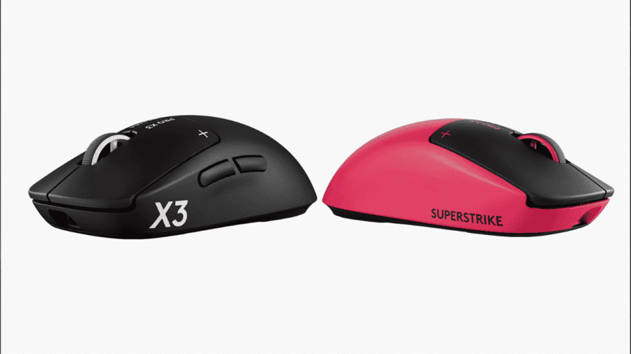 Uno scatto di prodotto a confronto che mostra due mouse wireless da gioco: un modello nero a sinistra con il testo "X3" bianco, e un modello rosa a destra con il testo "SUPERSTRIKE" nero, entrambi con un design ergonomico simile.