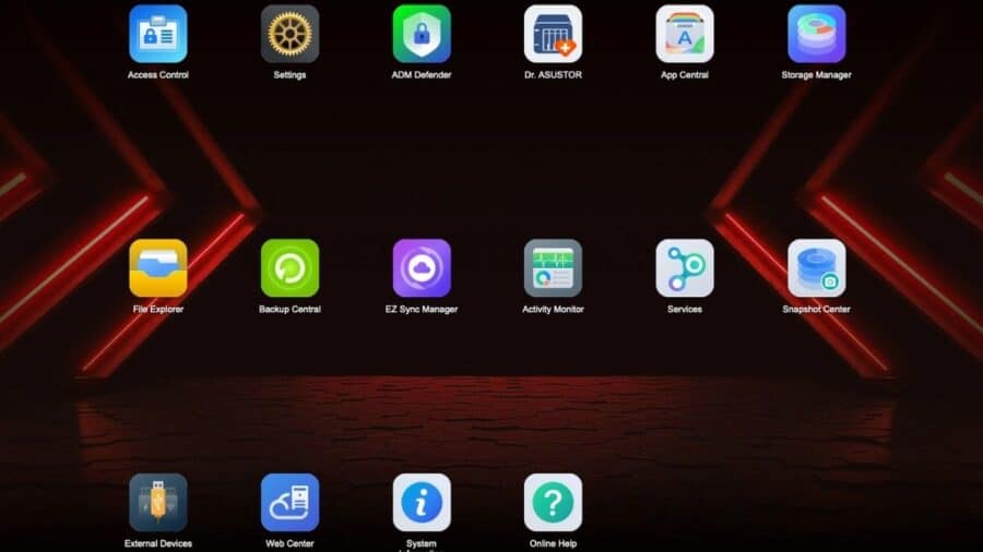 Desktop del sistema operativo ADM sul NAS Asustor FS6806X con le icone delle app principali