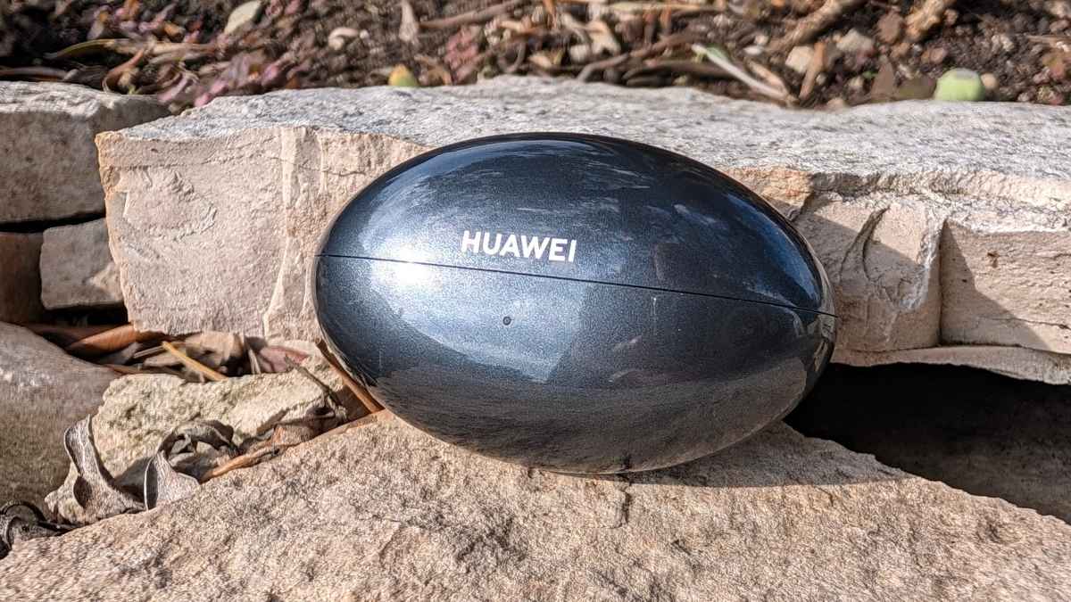 Custodia chiusa Huawei FreeBuds Neo a forma di uovo su rocce, logo Huawei