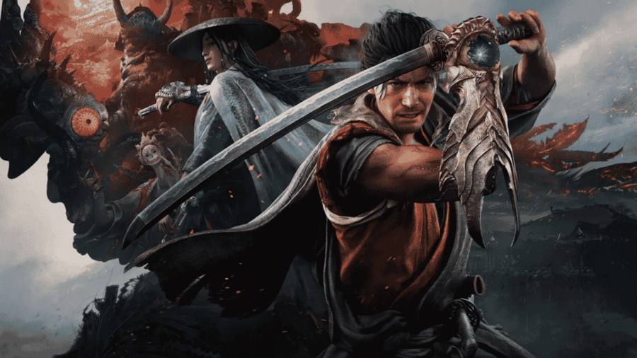 Artwork promozionale di Onimusha: Way of the Sword con Musashi in primo piano che impugna la katana e il guanto Oni dorato, affiancato da un guerriero con cappello a cono e mostruosi demoni Genma sullo sfondo.