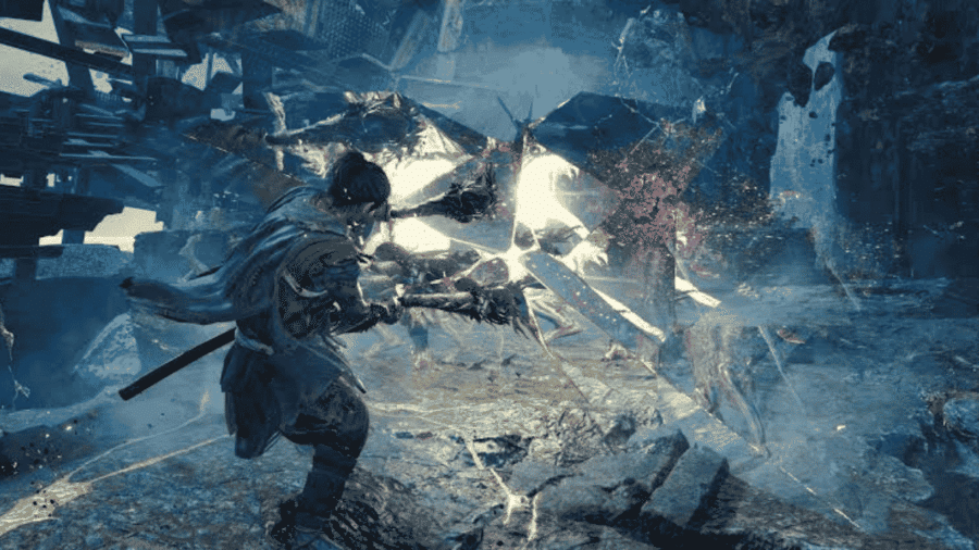 Schermata d'azione concitata con Musashi in corsa mentre sferra un fendente che infrange lo spazio visivo in frammenti di luce contro un gruppo di demoni tra impalcature in rovina.