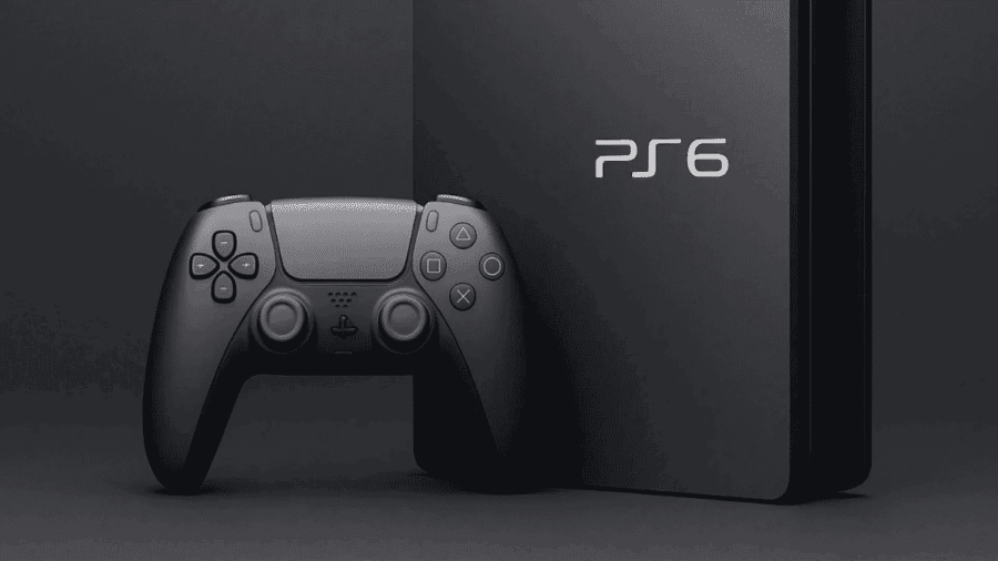 Render di una console next-gen PlayStation 6 di colore nero opaco con logo PS6 inciso e controller wireless nero abbinato in primo piano su sfondo scuro.
