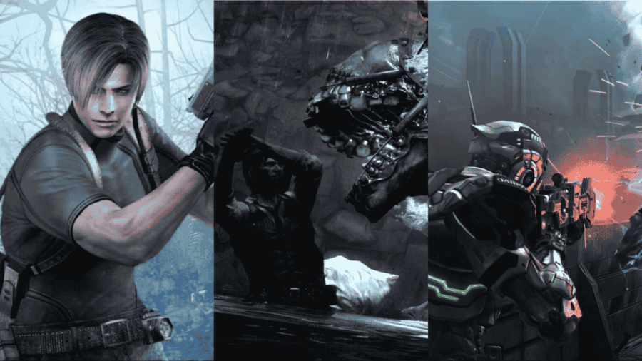 Trittico di schermate di gioco con Leon S. Kennedy di Resident Evil 4 a sinistra, Sebastian Castellanos di The Evil Within al centro davanti a un mostro e Sam Gideon di Vanquish a destra che spara con un fucile futuristico.