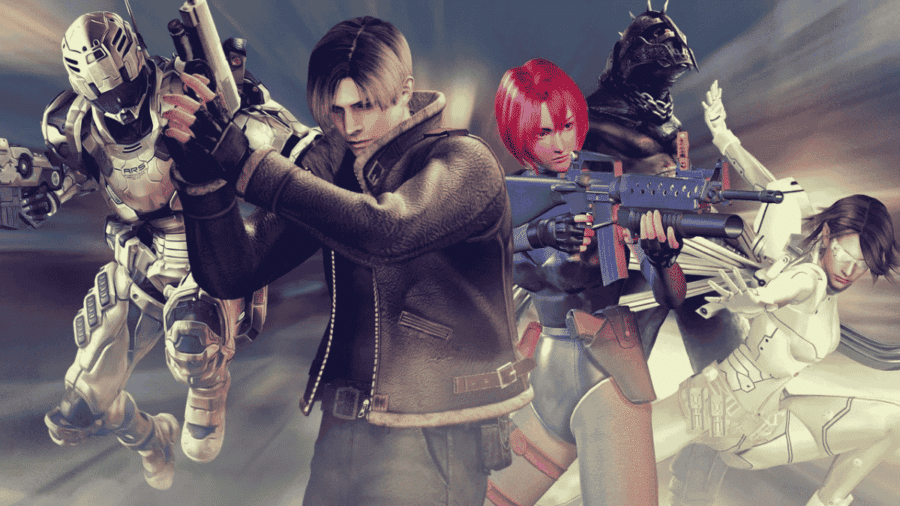 Illustrazione composita con i personaggi simbolo dei giochi di Shinji Mikami: Leon S. Kennedy al centro, Regina di Dino Crisis con capelli rossi, Sam Gideon di Vanquish e Vanessa Z. Schneider di P.N.03 in tuta bianca.