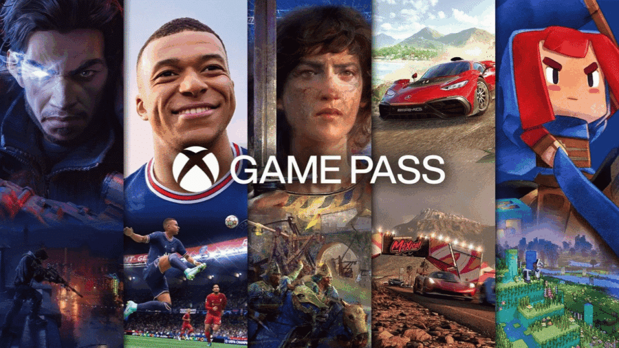 Collage di titoli del catalogo Xbox Game Pass con il logo del servizio al centro, affiancato da giochi come Forza Horizon 5, FIFA e A Plague Tale.