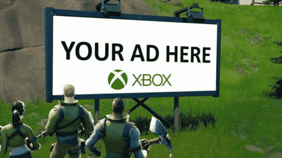 Tre avatar di gioco visti di spalle mentre osservano un grande cartellone all'aperto con la scritta "YOUR AD HERE" sovrastante il logo Xbox.