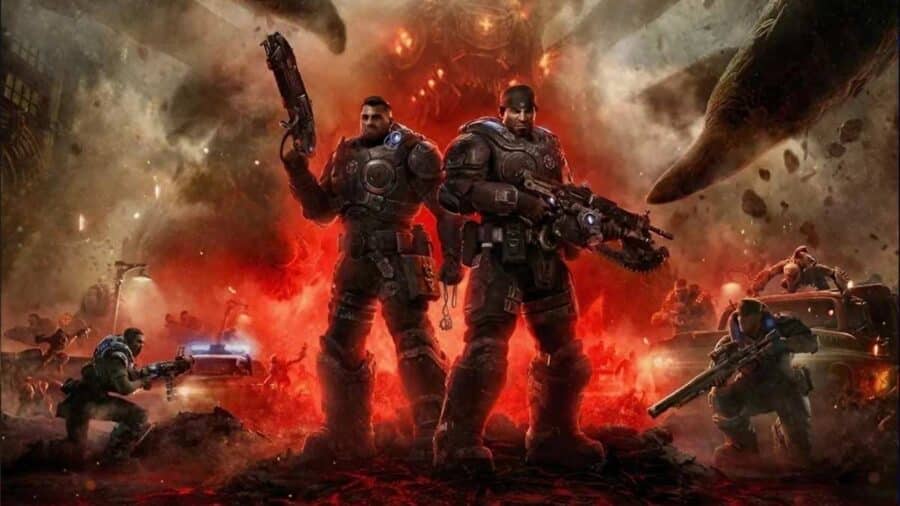 Marcus Fenix e Dominic Santiago in armatura da battaglia CGO con Lancer e fucile a pompa in pugno, circondati da esplosioni rosse, commilitoni e il profilo mostruoso di una creatura titanica.
