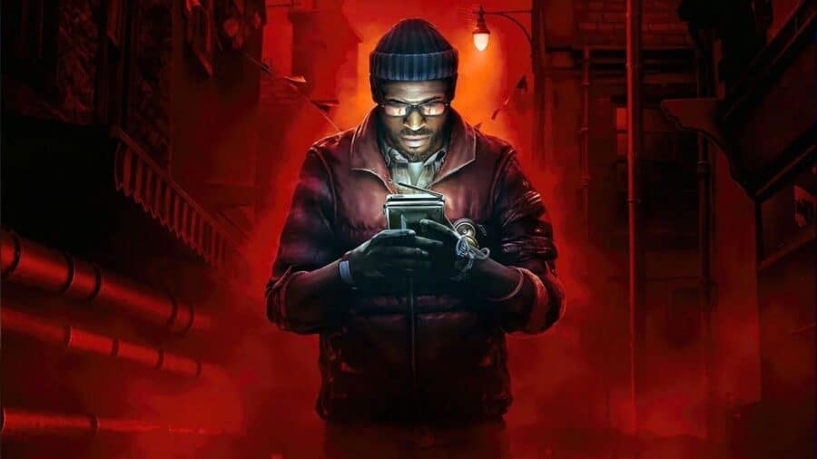 Artwork di Simon con occhiali da vista, berretto di lana e gilet smanicato rosso mentre osserva concentrato il piccolo monitor portatile, circondato da un bagliore rosso urbano.