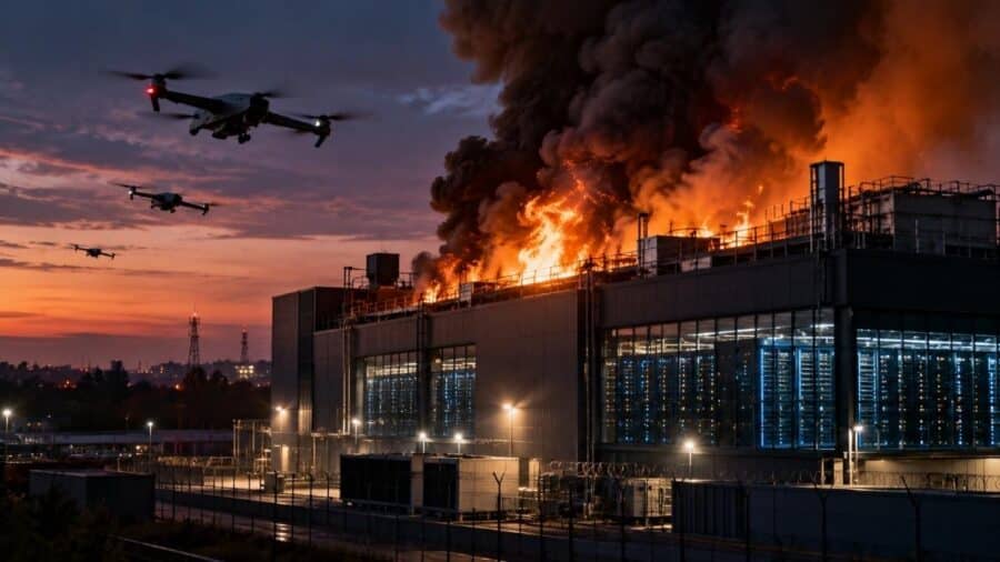 Droni volano su un data center in fiamme