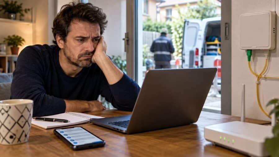 Persona davanti al computer con faccia contrariata