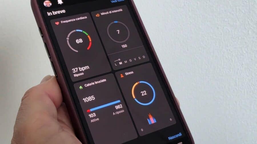 Schermata Garmin Connect con frequenza cardiaca, minuti di intensità, calorie e stress della Cirqa