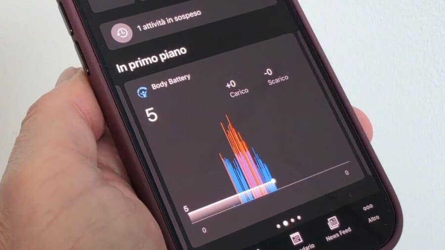 Grafico Body Battery nell'app Garmin Connect con i dati raccolti dalla Garmin Cirqa Smart Band