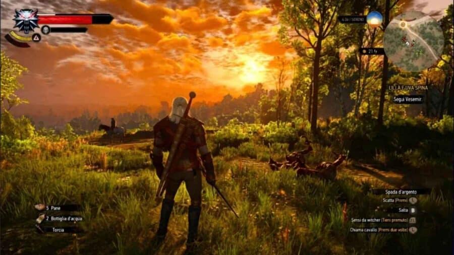Schermata di gioco con interfaccia utente completa: Geralt di Rivia di spalle in una radura al tramonto con la spada sguainata, accanto ai resti di mostri abbattuti.