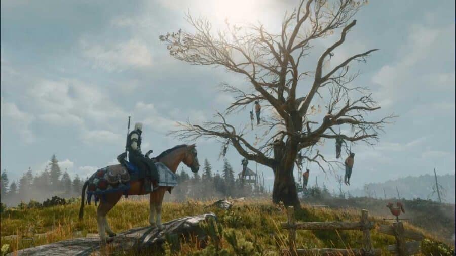 Geralt a cavallo osserva l'Albero degli Impiccati nel Velen, con corpi senza vita appesi ai rami spogli sotto un cielo grigio e nuvoloso.