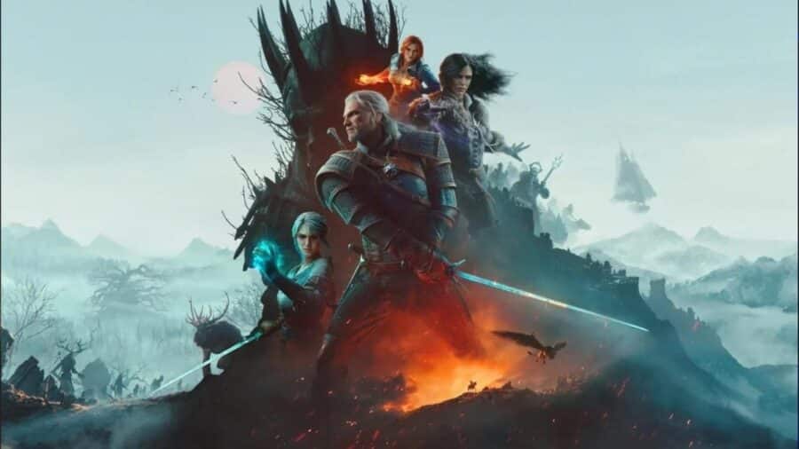 Artwork corale di The Witcher 3 con Geralt di Rivia al centro tra Ciri, Yennefer e Triss, sovrastati dalla maschera spettrale della Caccia Selvaggia.