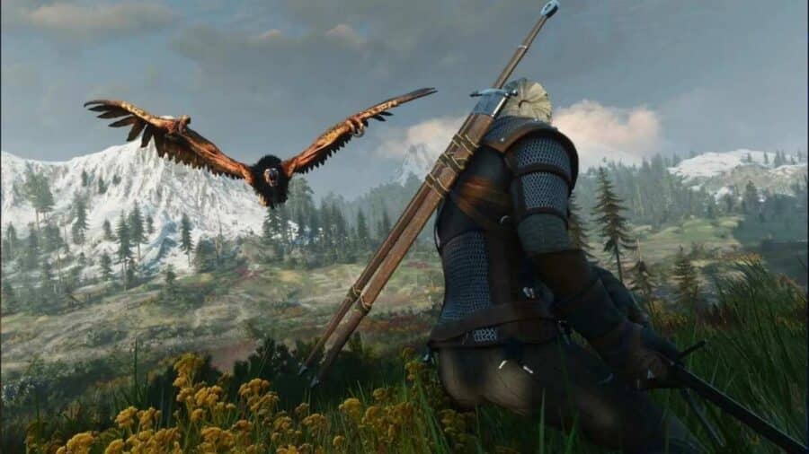 Geralt accovacciato in un prato di fiori gialli mentre osserva un'aquila in volo ad ali spiegate, con maestose montagne innevate e pini sullo sfondo.