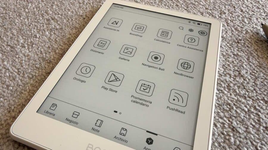 Schermata App del BOOX Go 6 Gen II con Assistente IA, BooxDrop, Play Store e Navigation Ball