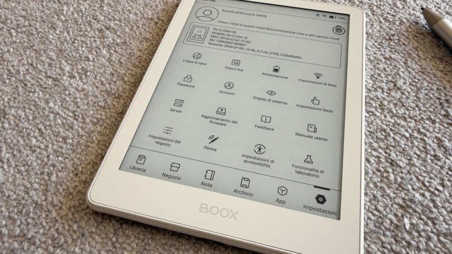 Impostazioni del BOOX Go 6 Gen II con account Onyx, 10 GB di cloud e firmware versione 4.2